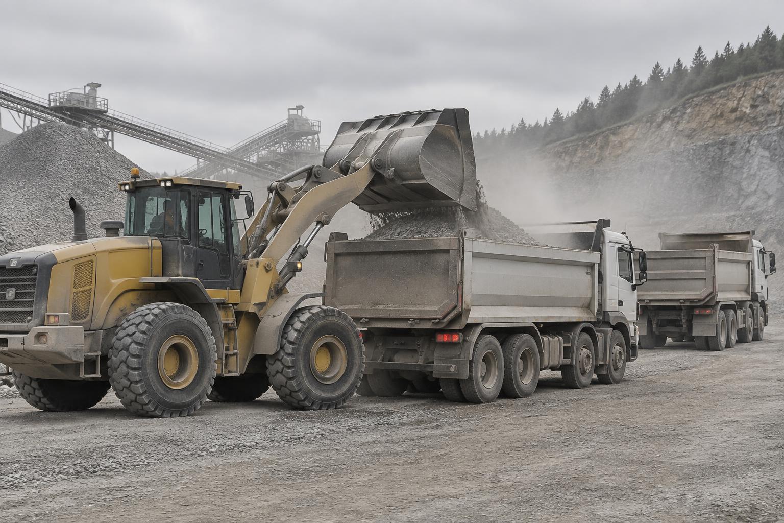 Tri-axle dump truck being loaded with gravel by a wheel loader at an aggregate yard