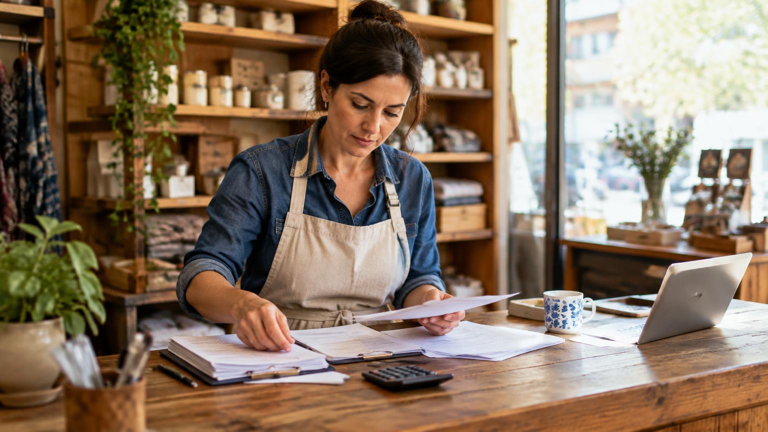 Small business owner organizing financial documents